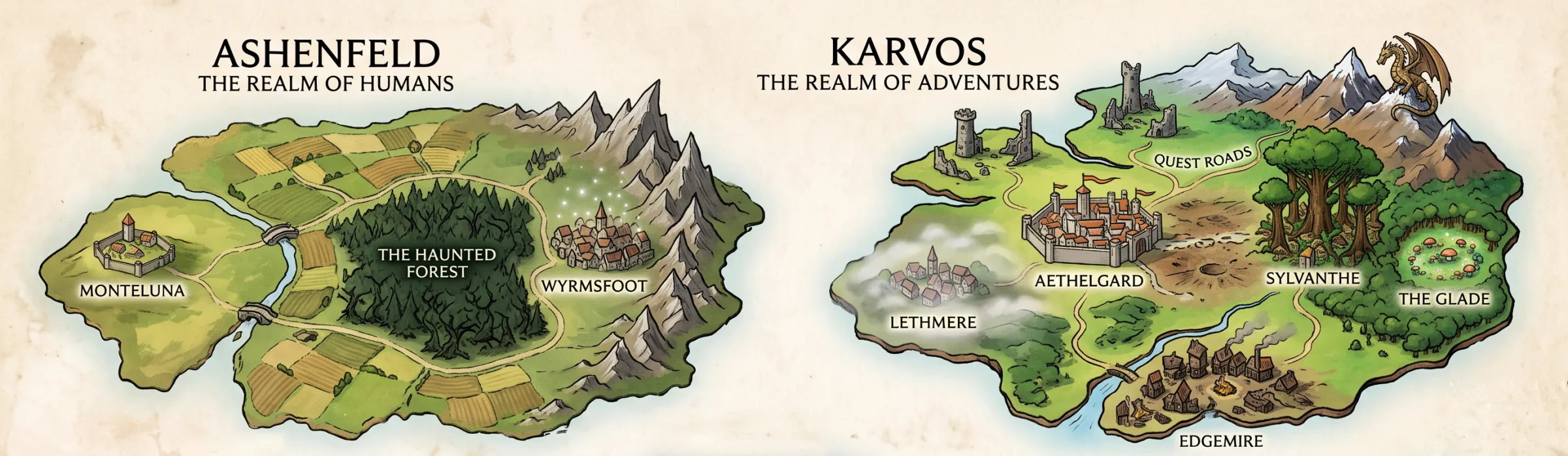 Map of Ashenfeld, the realm of humans, and Karvos, the realm of adventures